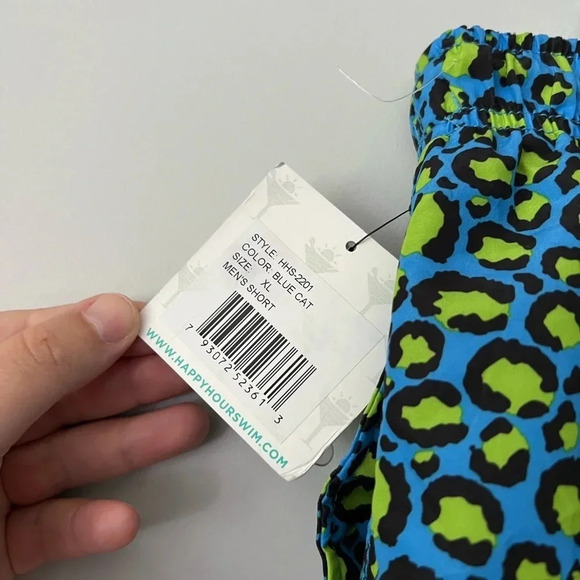 Happy Hour Swim Trunks Shorts Lined | Blue & Green Leopard Print | Size XL - Picture 7 of 8